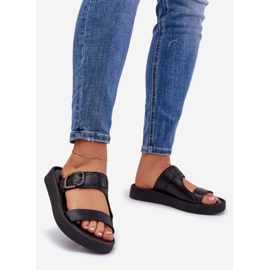 Kvinnors läderflip flops på Zazoo 3024 Black Platform svart 1