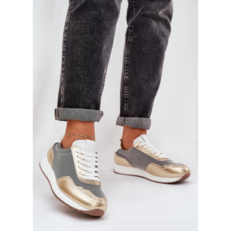 S.Barski Lädersportskor sneakers kvinnor LR51-847 PLN gyllene 2