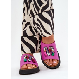 Vinceza Kvinnors läderflip flops med en prydnad av fuchsia rosa 2