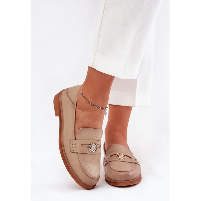 Eleganta kvinnors loafers tillverkade av naturligt Vinceza -läder 18100 Beige 2