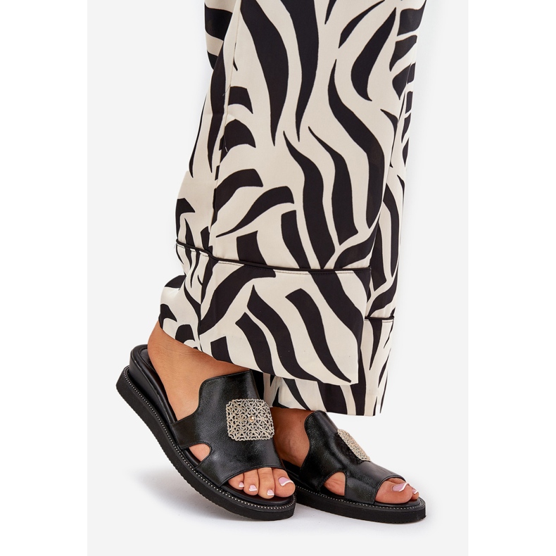 Jezzi Kvinnors flip flops på Anchoic Leather Wedge med dekoration svart 1