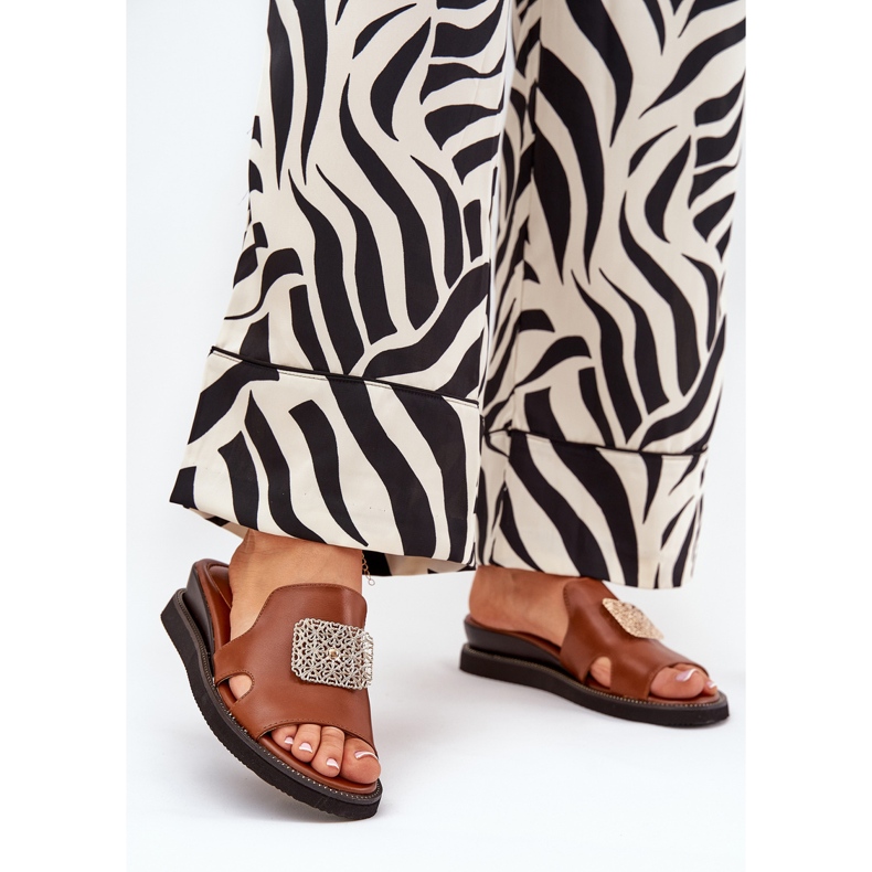 Jezzi Kvinnors flip flops på Anchoic Leather Wedge med dekoration Brown brun 2