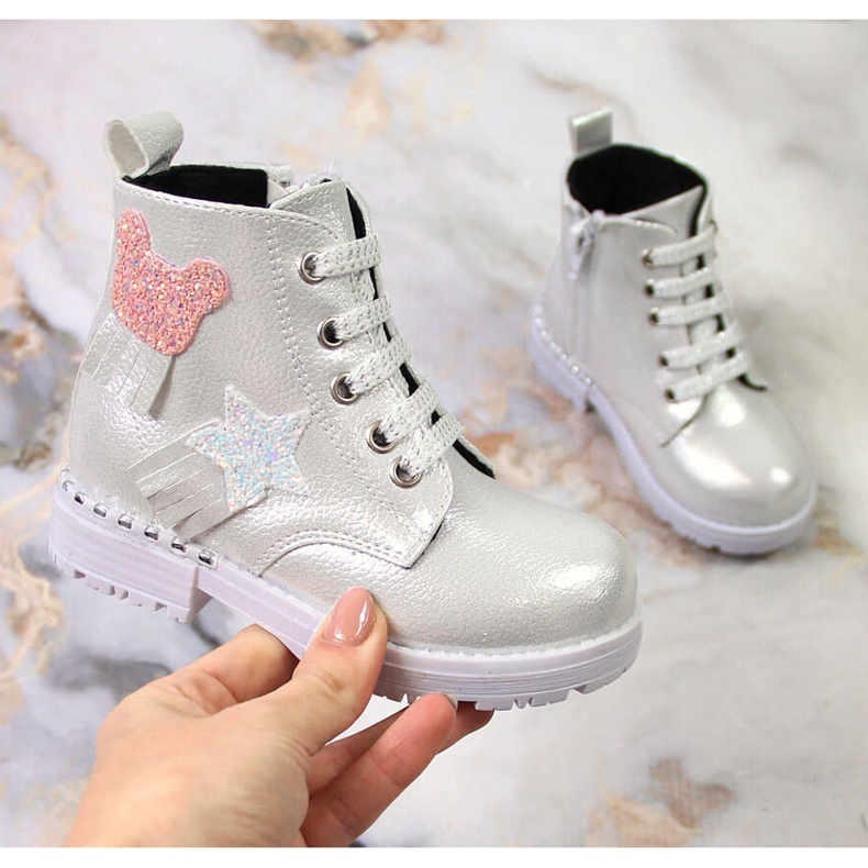 Blanka silverisolerade Potocki flickstövlar i silver silver- 2