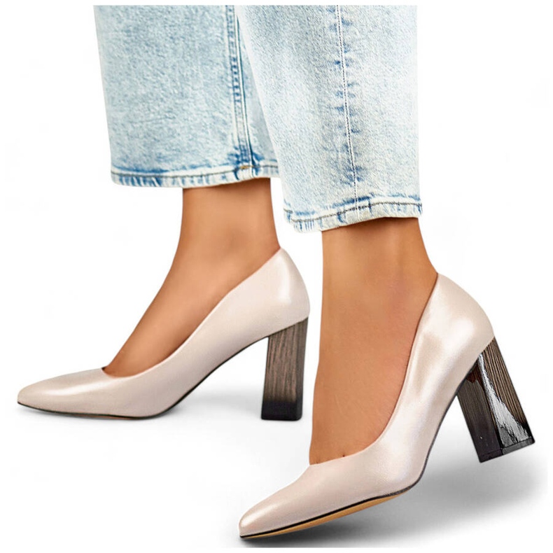 Spetsiga pumps för damer med hög dekorativ klack, beige GD-FL486A-L.BE 1