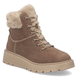 Kvinnors läderstövlar med päls på den bruna plattformen Rieker 70402-24 beige 7