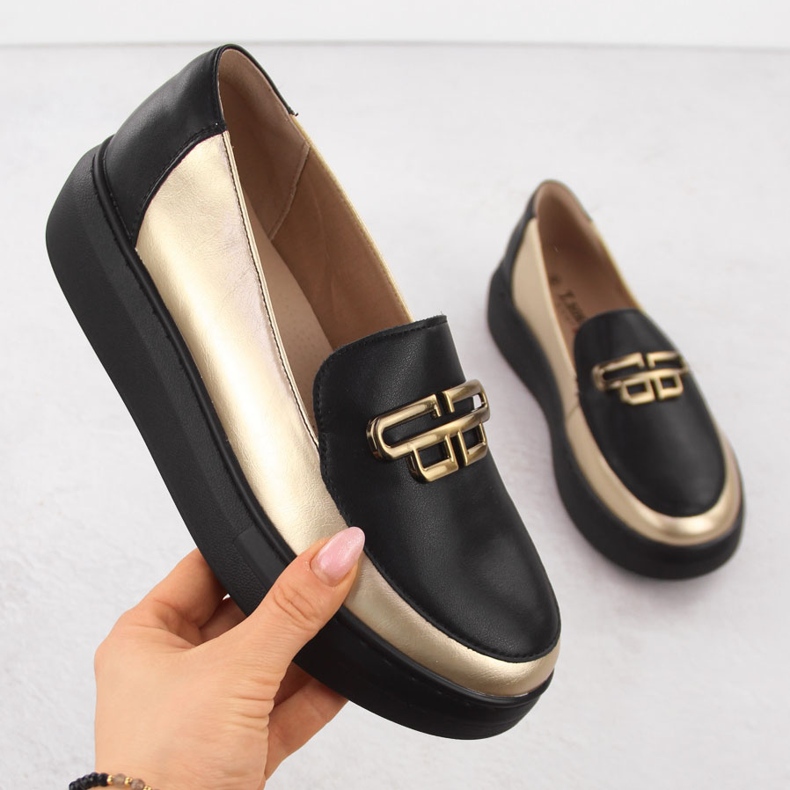 Kvinnors läderskor på den svarta och guldplattformen T.Sokolski W25-499 1