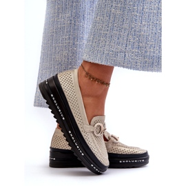 Blanka lädermockasiner för kvinnor på plattformen med dekoration S.Barski LR750 guld gyllene 2
