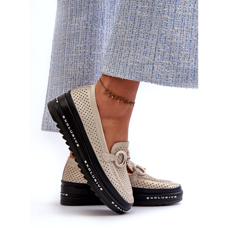 Blanka lädermockasiner för kvinnor på plattformen med dekoration S.Barski LR750 guld gyllene 2