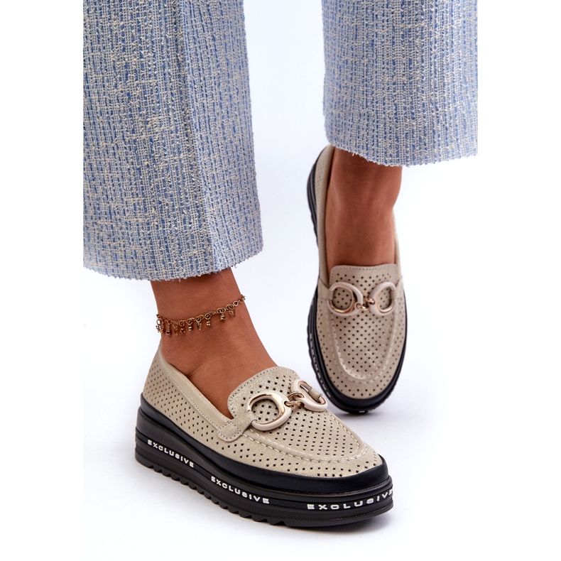 Blanka lädermockasiner för kvinnor på plattformen med dekoration S.Barski LR750 guld gyllene 1