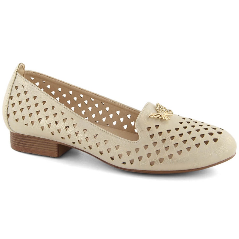 M. DASZYŃSKI Genombrutna skor för kvinnor med låga klackar, guld M.Daszyński beige 1