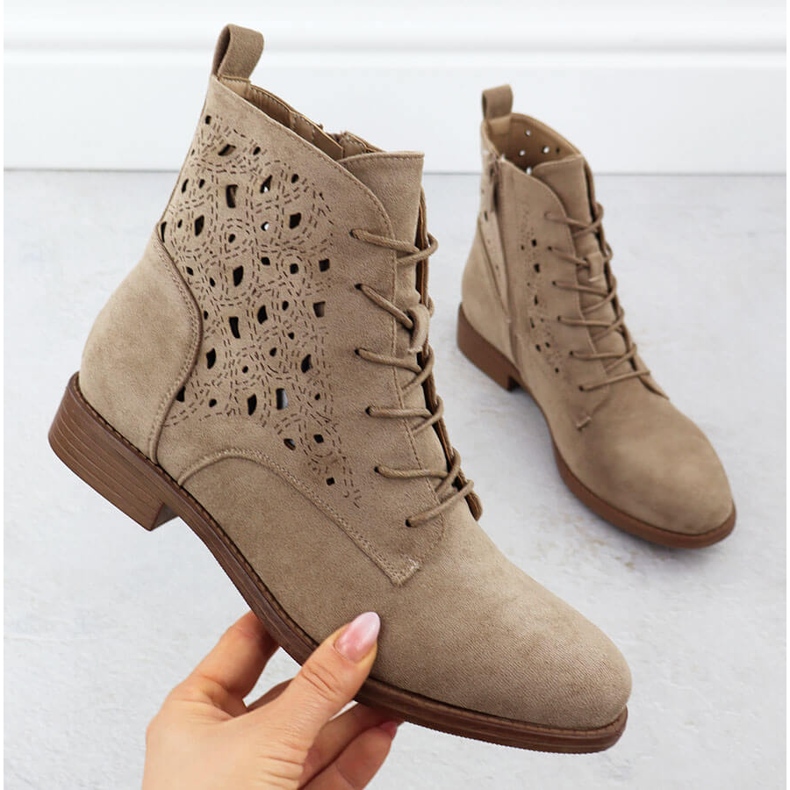 Women's Openwork Boots Suede Beige S.Barski HY51-136 1