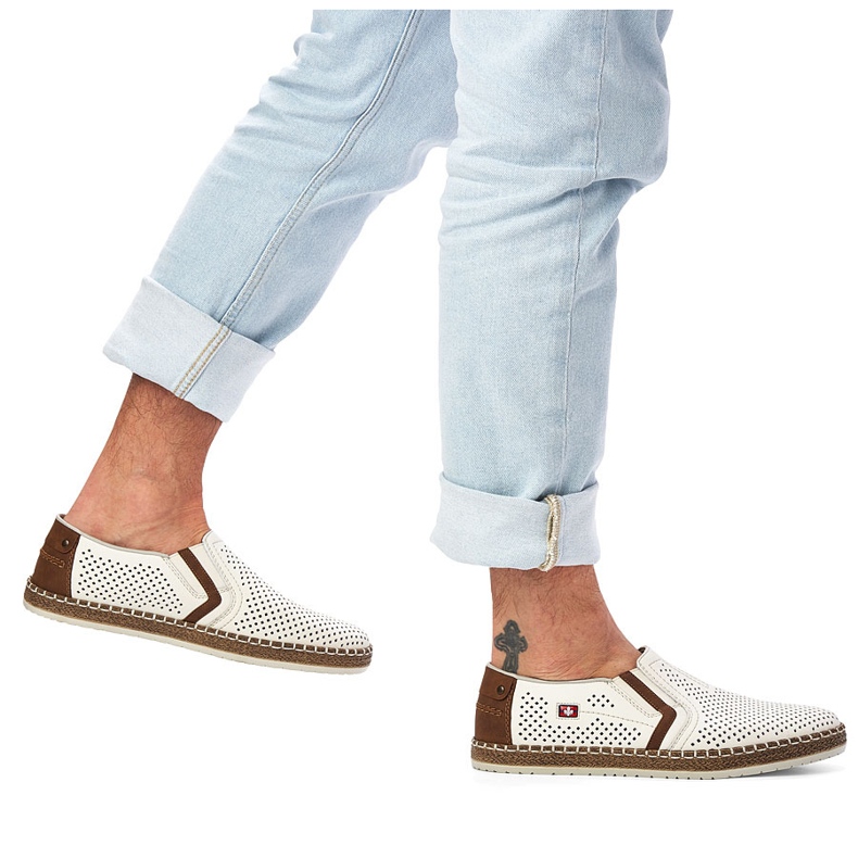 Mäns Openwork Leather Shoes, White Rieker B5297-80 vit 2