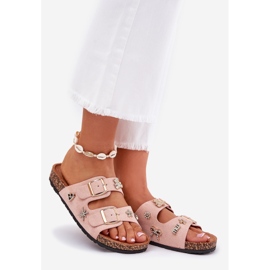 Kvinnors flip flops på en korksula med klämmor och stift av ljusrosa 1