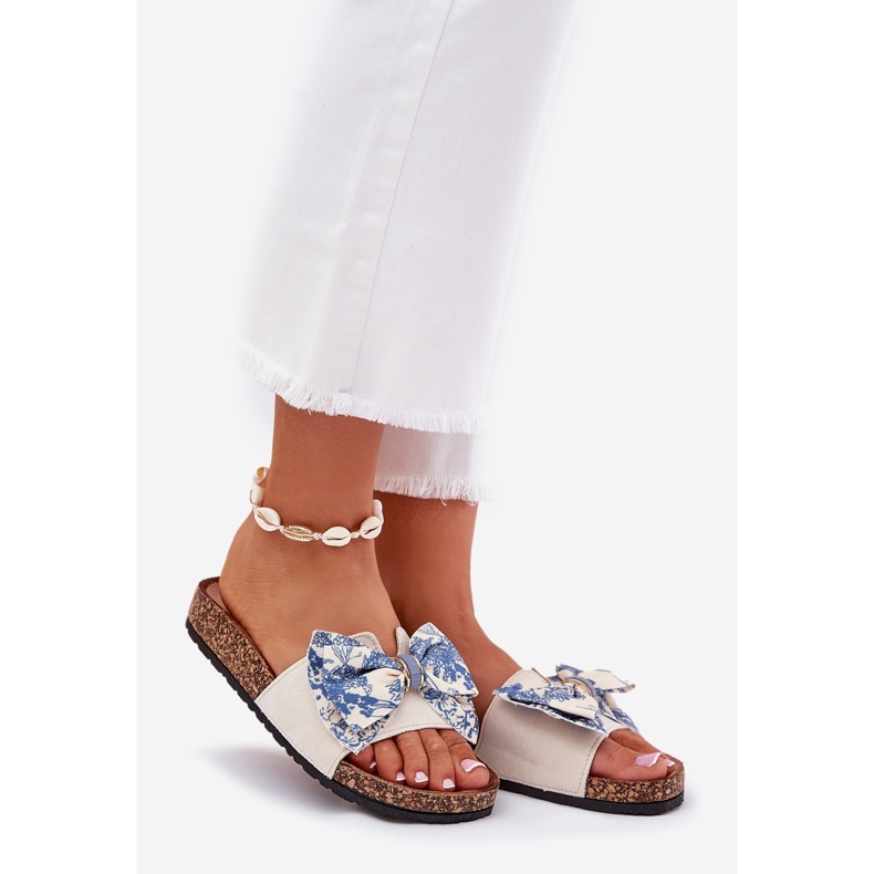 Kvinnors tofflor med en båge på korkplattformen blå beige 1