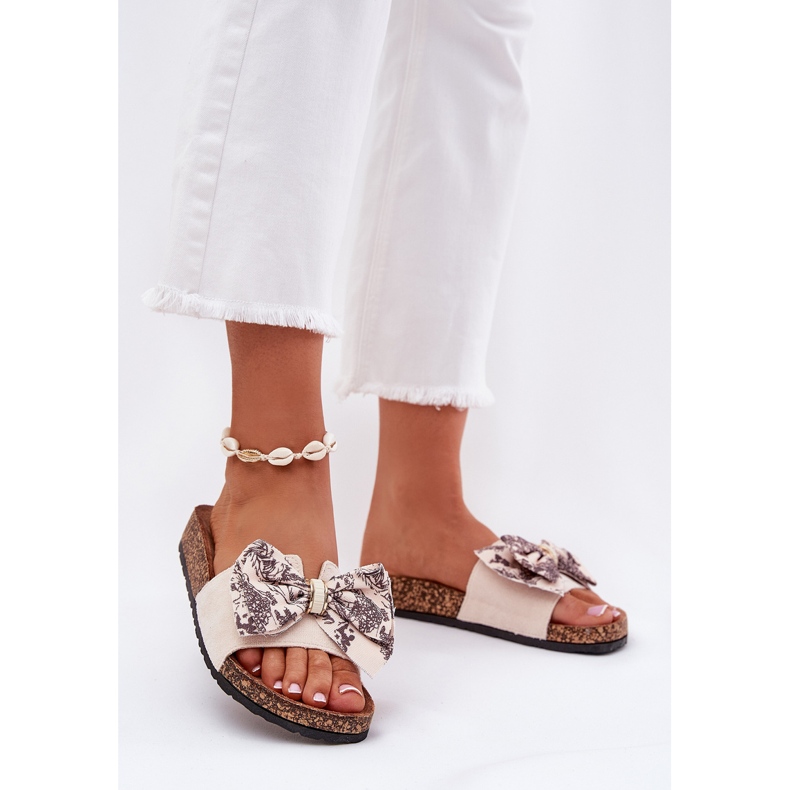 Kvinnors tofflor med en båge på en korkplattform beige 2