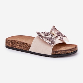 Kvinnors tofflor med en båge på en korkplattform beige 4
