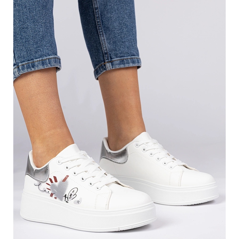 Vita och silver sneakers kvinnors sportsneakers med tryck 1