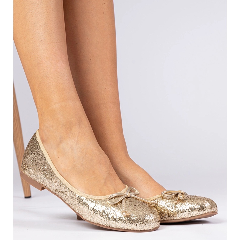 Golden Women's Glitter Ballerinas med en båge gyllene 1