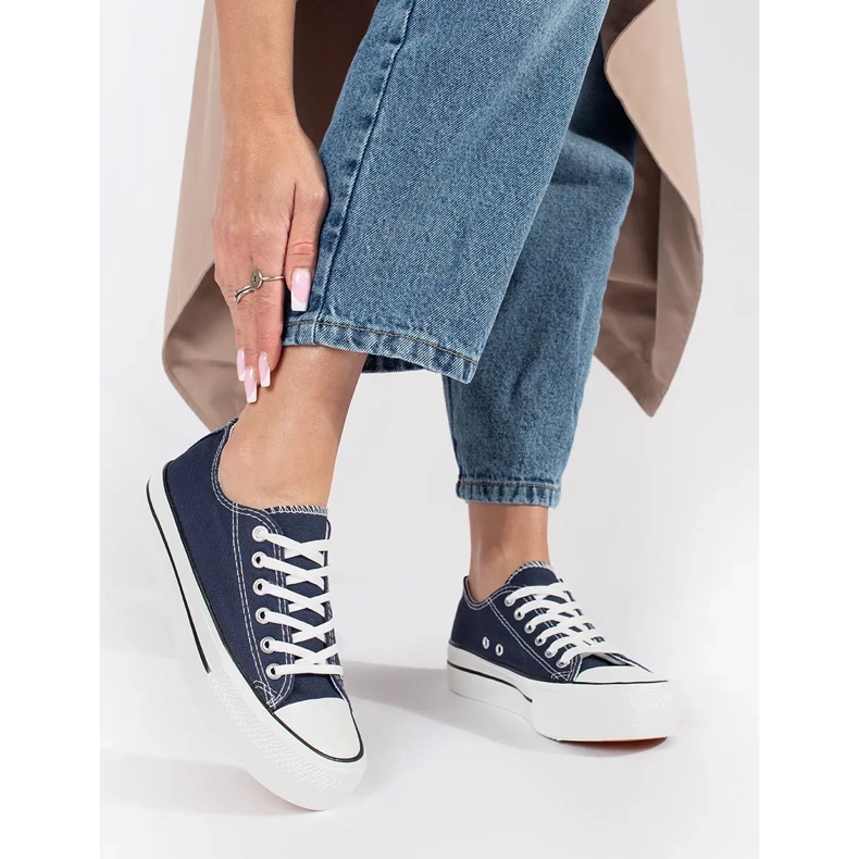 Seastar Marinblå klassiska damsneakers med snörning med plattform 1