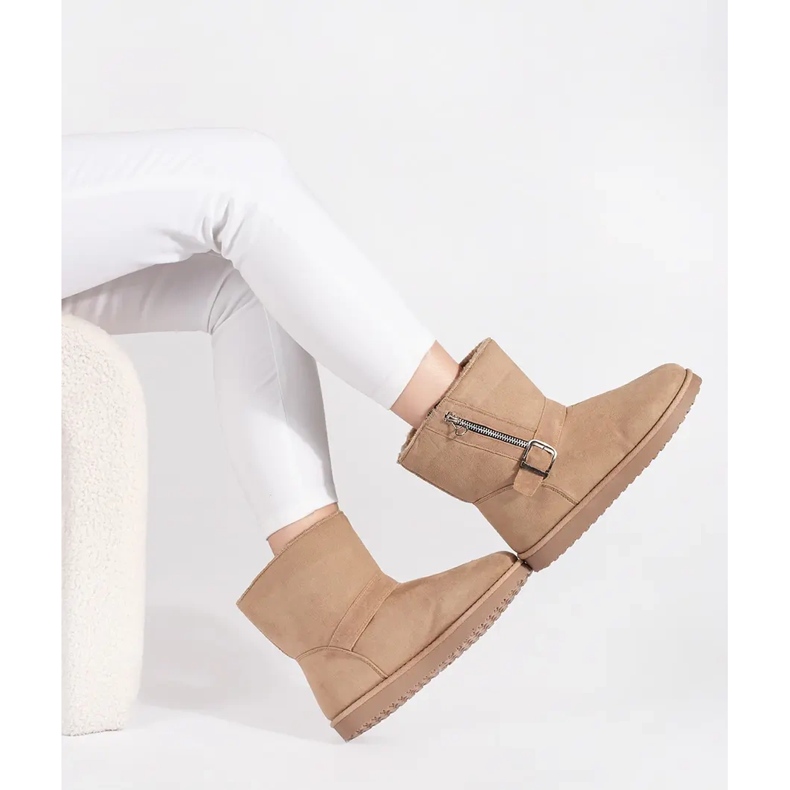 Ljusbeige snöstövlar för kvinnor med dekorativt spänne och dragkedja 2