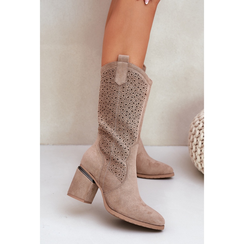 S.Barski OpenWork Boots Half-Calf Cowboy S. Barski HY51-238 Beige 2