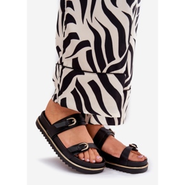 Släta kvinnors tofflor på plattformen med ränder och klämmor svarta 1