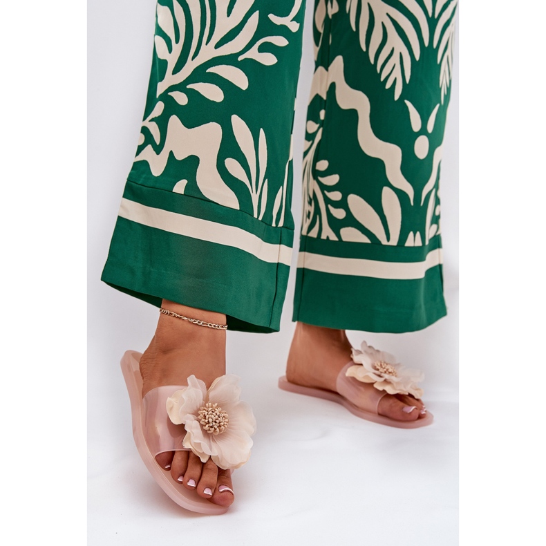 Transparenta platta kvinnors flip flops med konstgjord nakenblomma beige 2