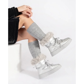 Silversnöskor för kvinnor med päls på tjock sula silver- 1