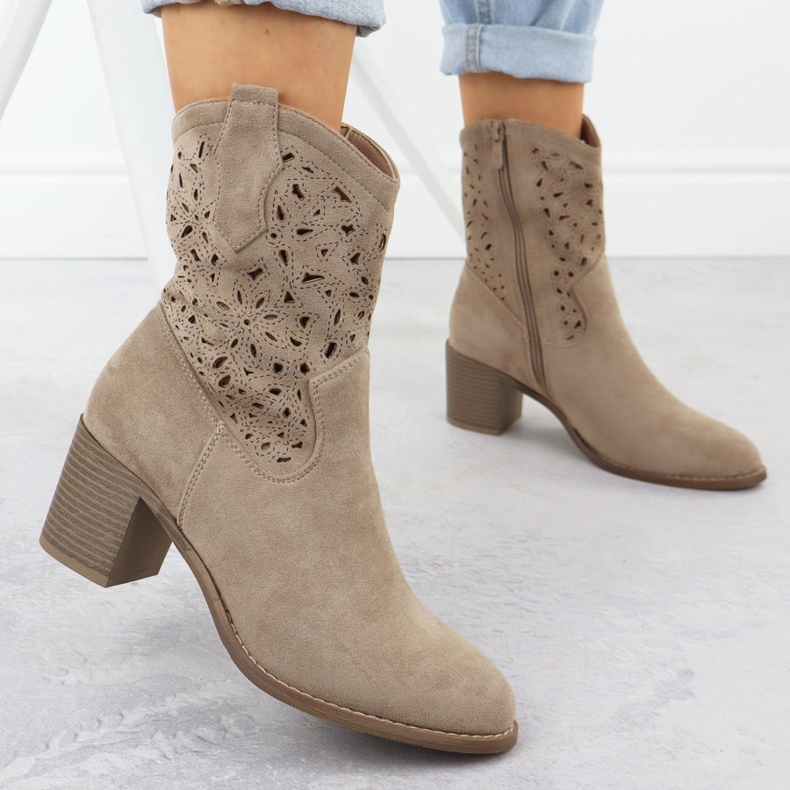 Women's Openwork Boots Beige Suede S.Barski HY51-125 2