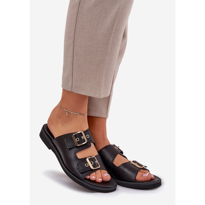 Läder platt flip flops med zazoo 3020 svarta klämmor 1