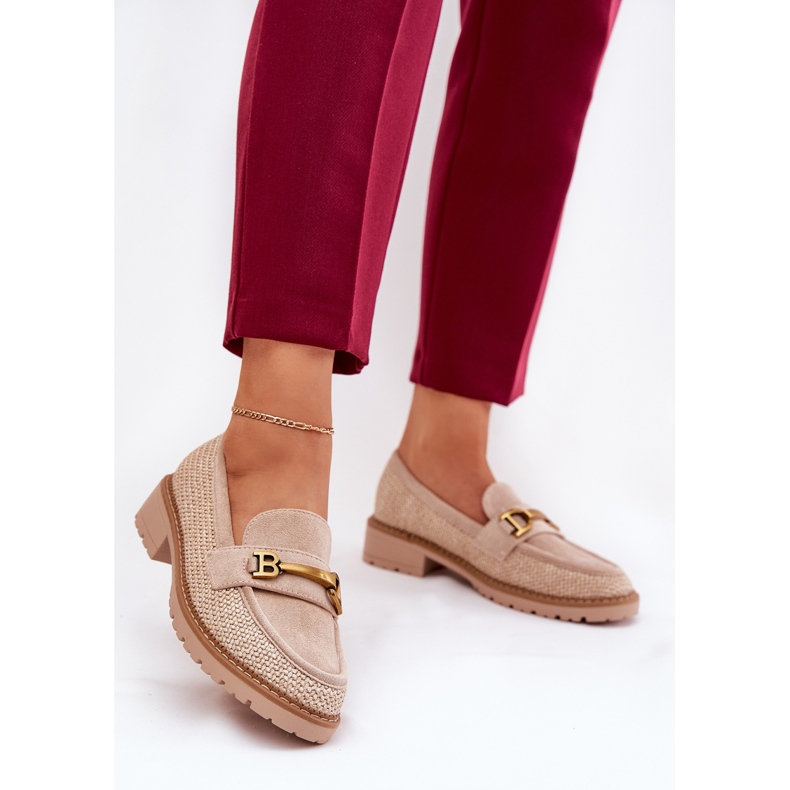 Kvinnors loafers med fläta och gyllene detalj beige 2