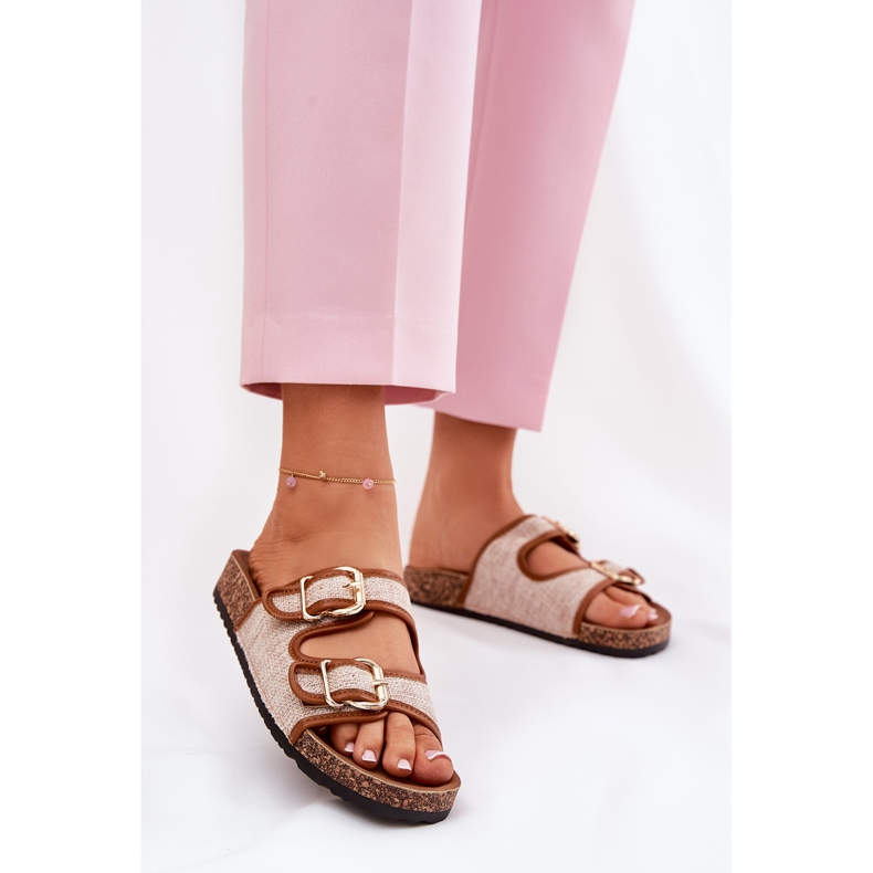 Kvinnors materialflip flops på en korkplattform med kamelspännen brun 2