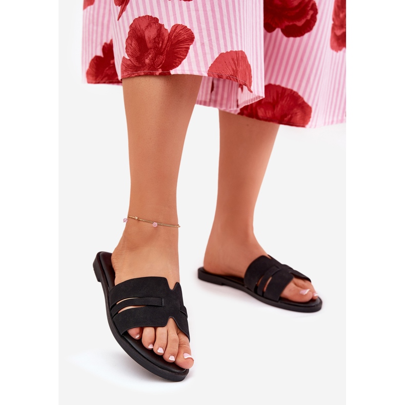 Flat -hankvinnade kvinnors flip flops med Eco Cuts Black Suede Cutouts svart 1