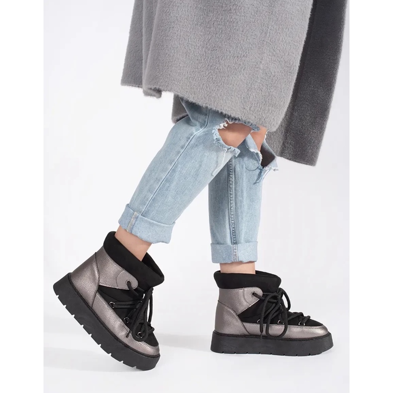 Svarta och silversnöskor för kvinnor med snörning och tjock sula 2