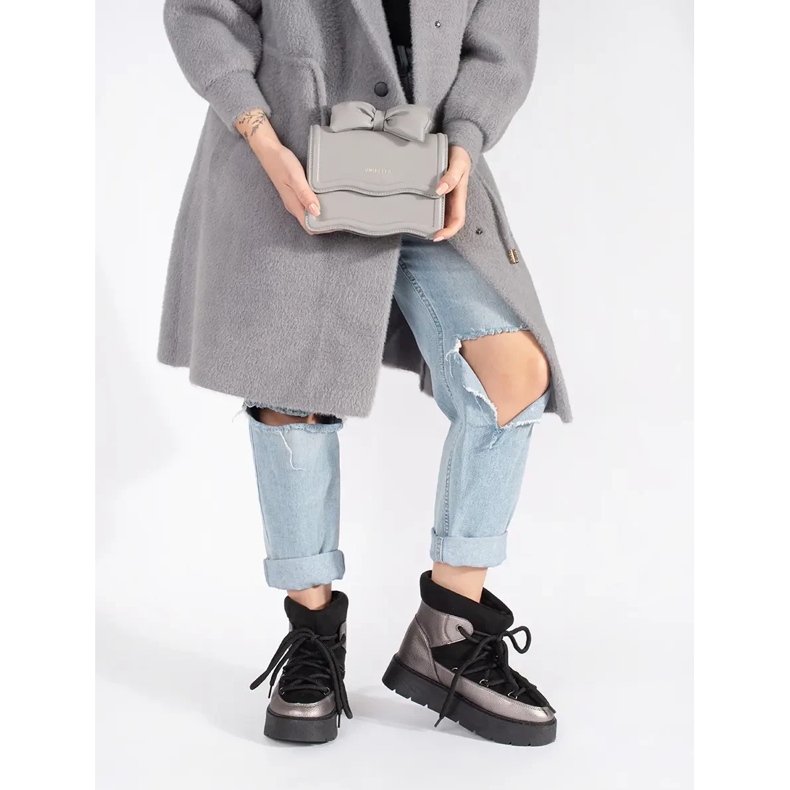 Svarta och silversnöskor för kvinnor med snörning och tjock sula 1