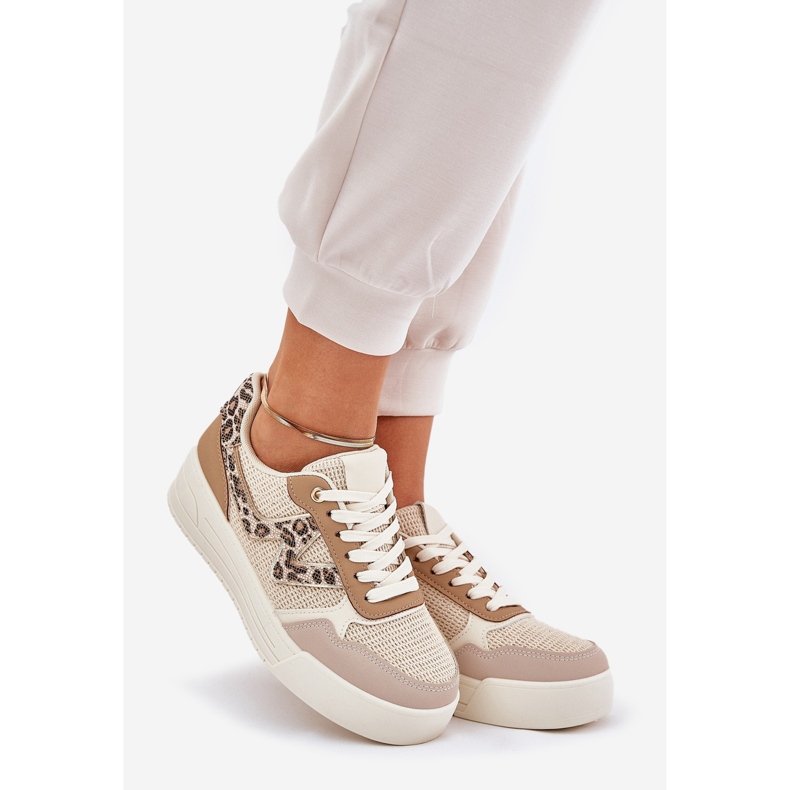 Kvinnors sportskor på plattformen Leopard Khaki beige 1