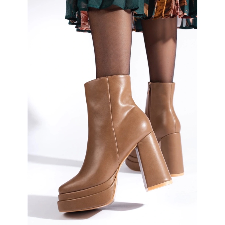 SHELOVET Mörkbeige högklackade ankelboots brun 2