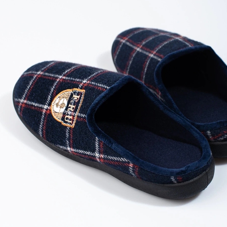 Shelovet marinblå rutiga tofflor för män 1