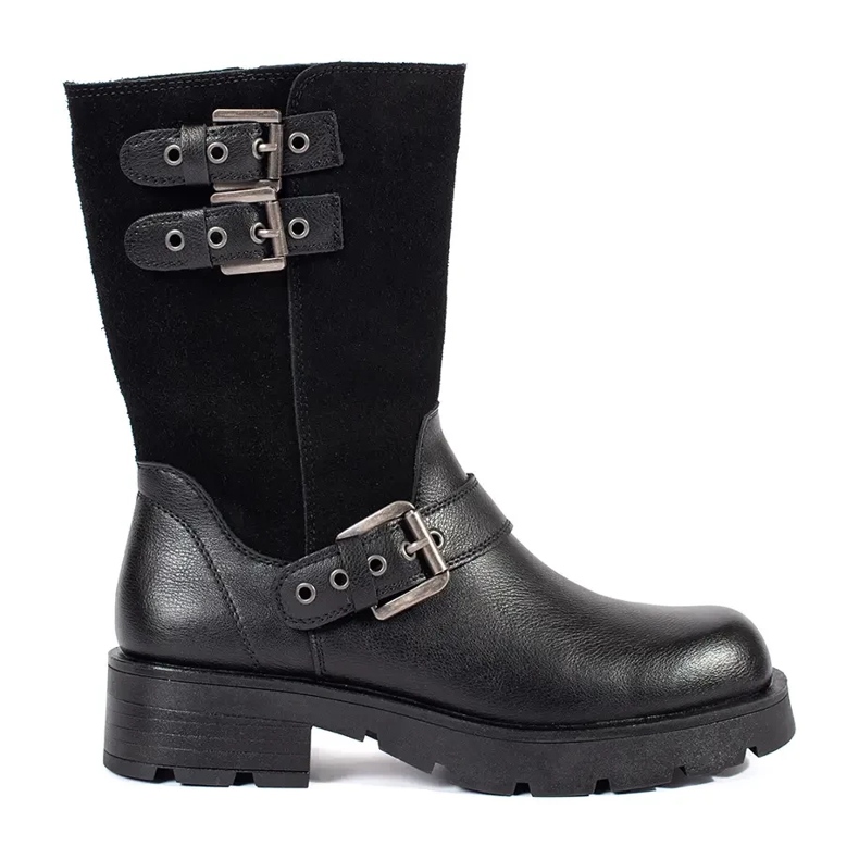 Svarta läderkängor för kvinnor på plattformen dekorerade med Sergio Leone-ränder 1