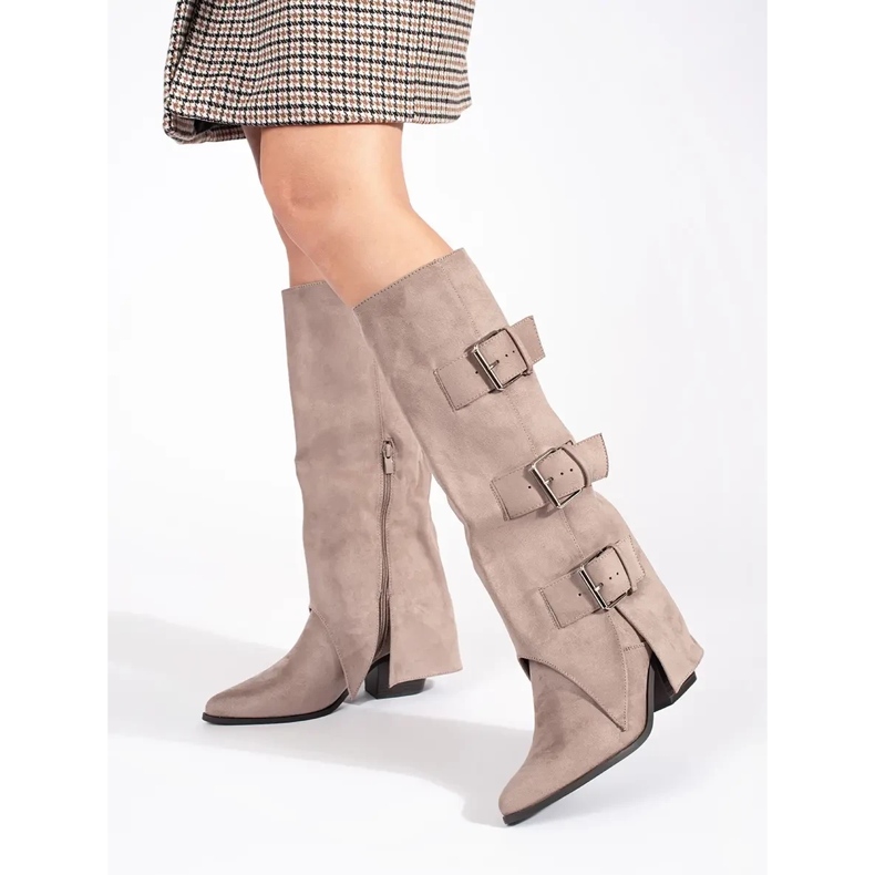 Seastar Högklackade damstövlar i beige mocka med spännen 2