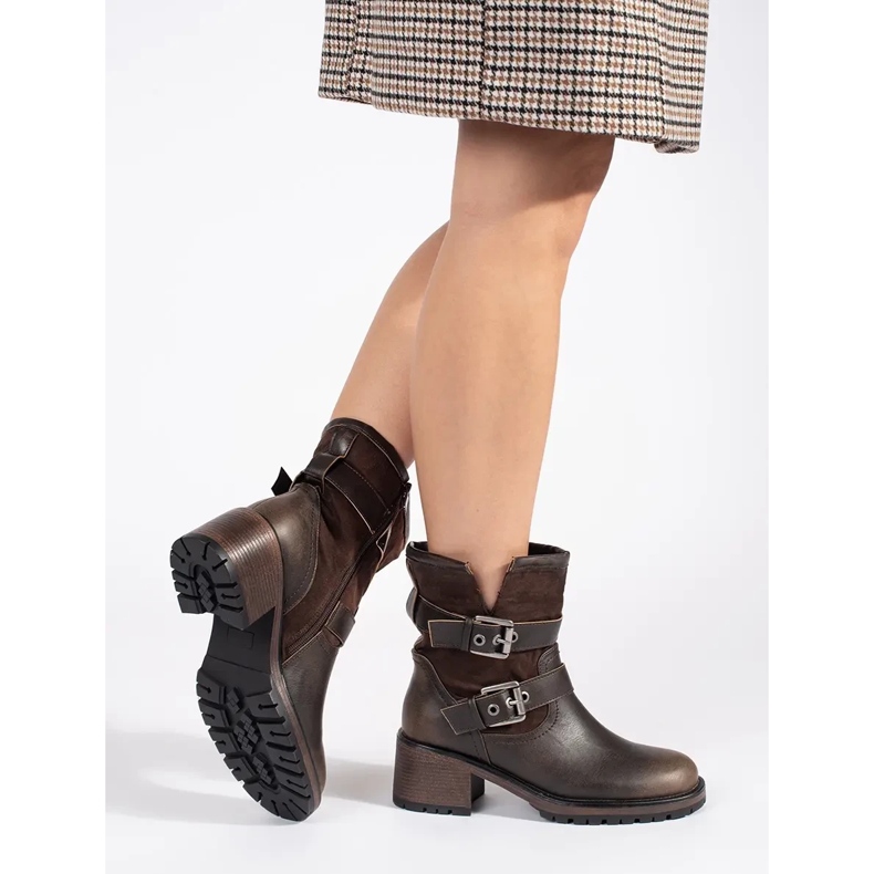 Bruna högklackade ankelstövlar för kvinnor med spännen 1