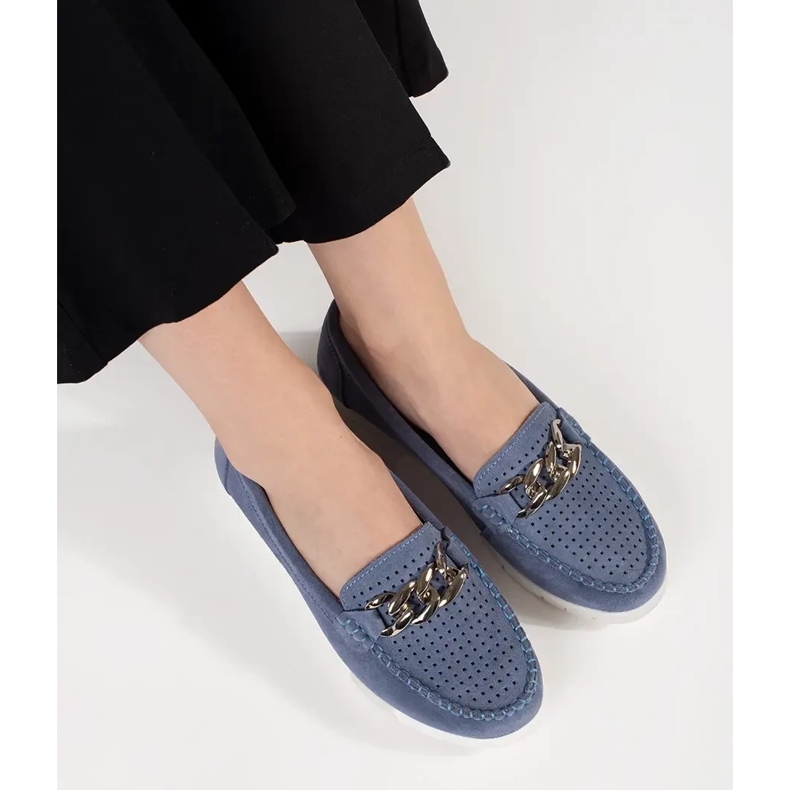Goodin Läderblå loafers med en kedja på plattformen 1