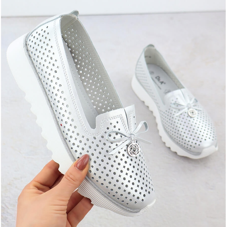 S. BARSKI Kvinnors läderskor Openwork Silver S.Barski LR51-631 silver- 1