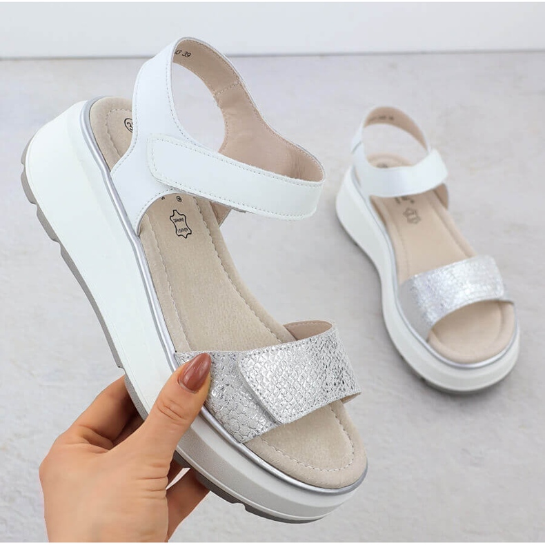 S.Barski Kvinnors lädersandaler för kardborrplattform S. Barski LR51-543 silver- 1