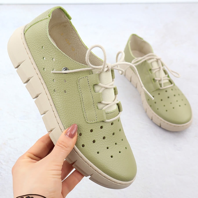 Women's Openwork Leather Shoes Green Helios 434 grön 1