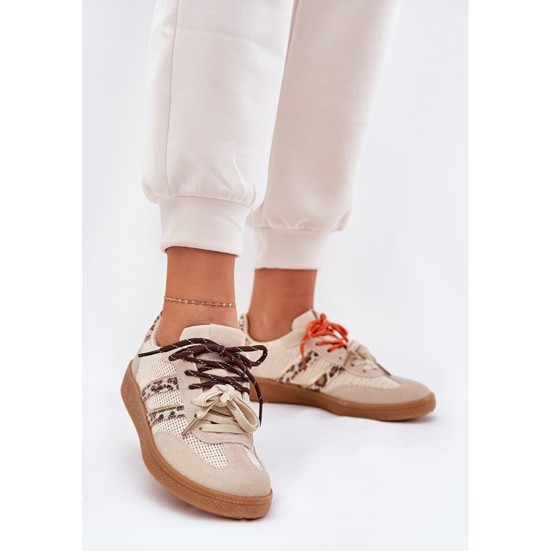Kvinnors sneakers med dubbel snörning beige ollabes leopardtryck 2