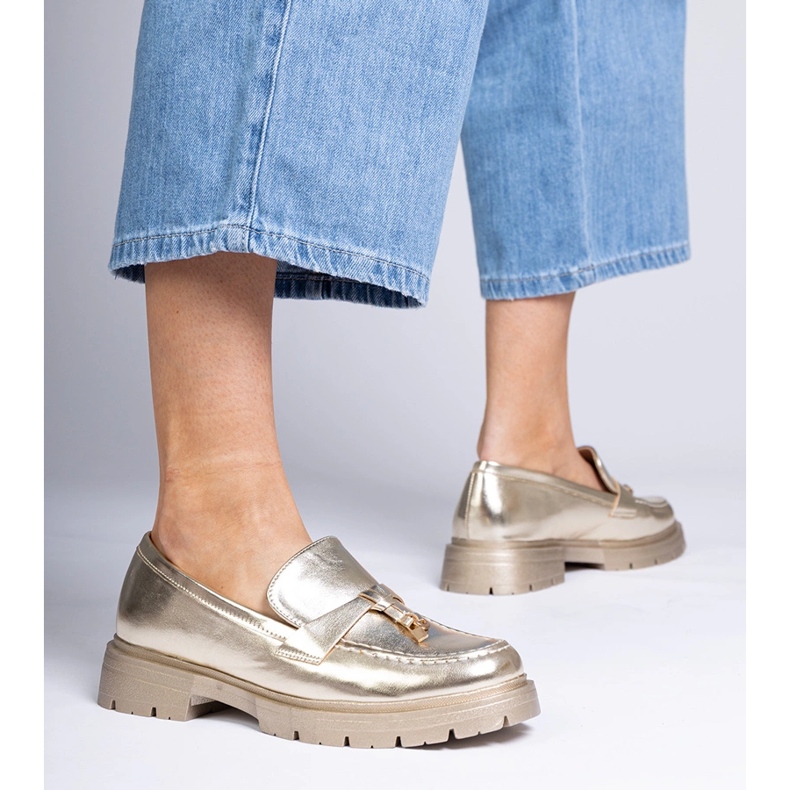 Gyllene eleganta loafers med eko -läder med dekoration 1