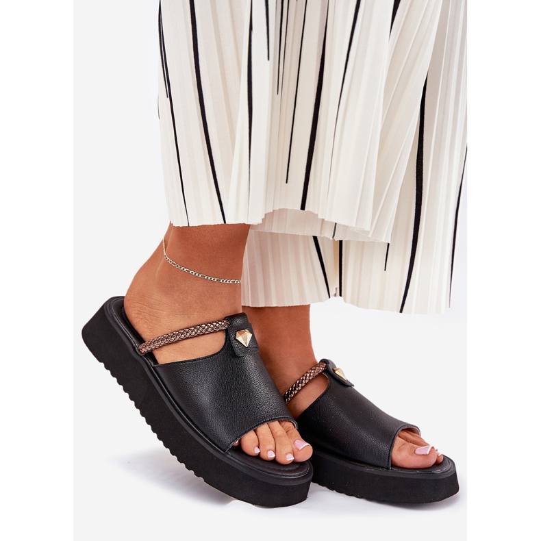 S.Barski Kvinnläder tofflor på plattformen med ett dekorativt bälte D&amp;A Mk51-475 svart 1