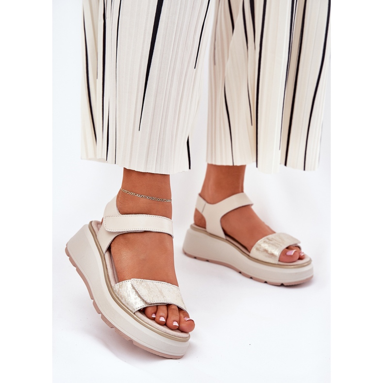 S.Barski Lädersandaler Kvinnors plattform och kardborrkamp S. Barski LR51-543 Guld gyllene 2