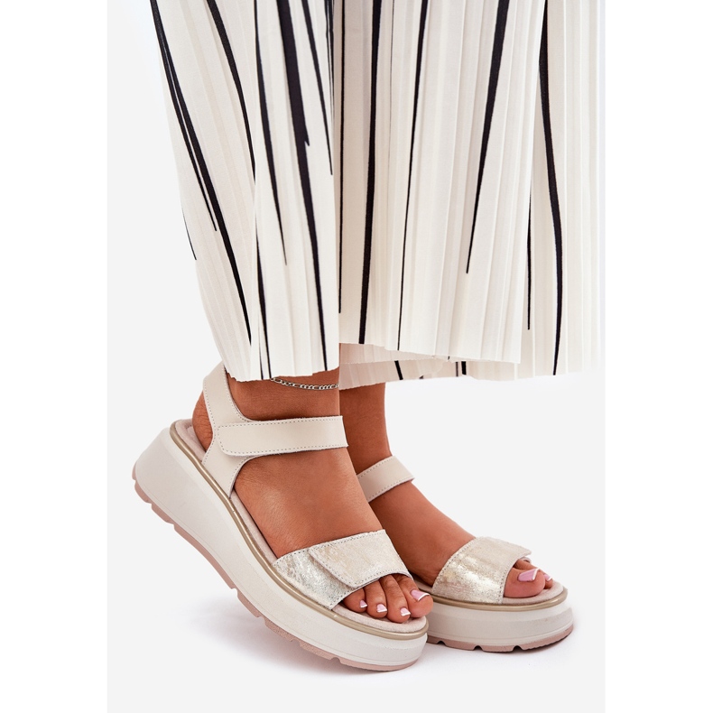 S.Barski Lädersandaler Kvinnors plattform och kardborrkamp S. Barski LR51-543 Guld gyllene 1